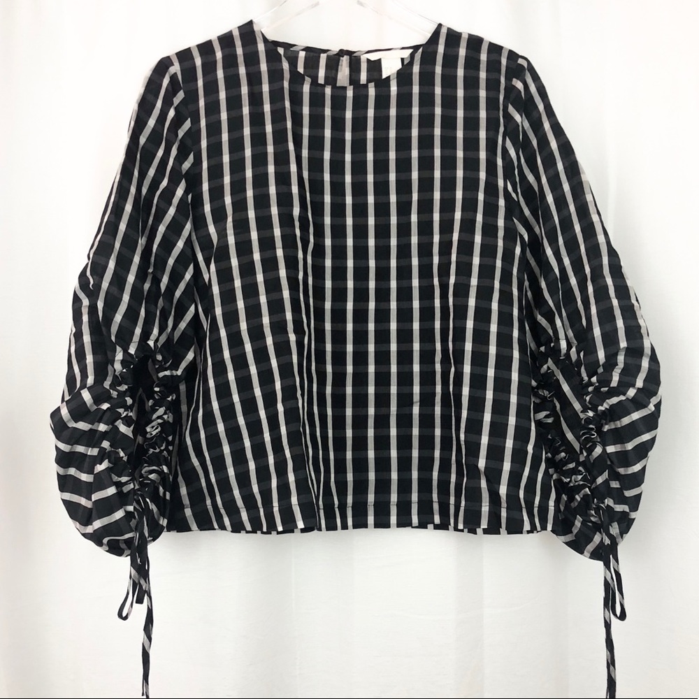 H&M Gingham/Plaid Tie Sleeve Blouse